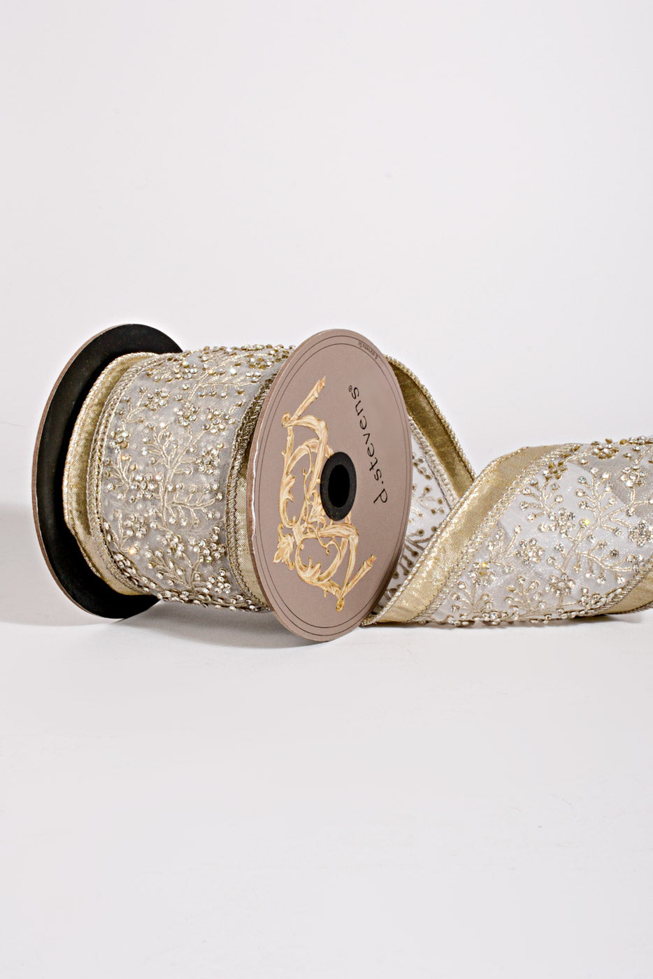 4" X 5Yds Metallic Dupion Clear Jeweled Floral Center Trim Ribbon Platinum