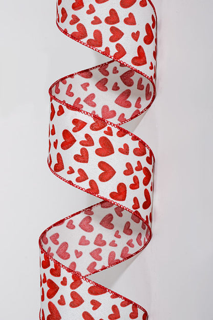 2.5" x 50Yds Wired Ivory Linen Benson Hearts Ribbon Red