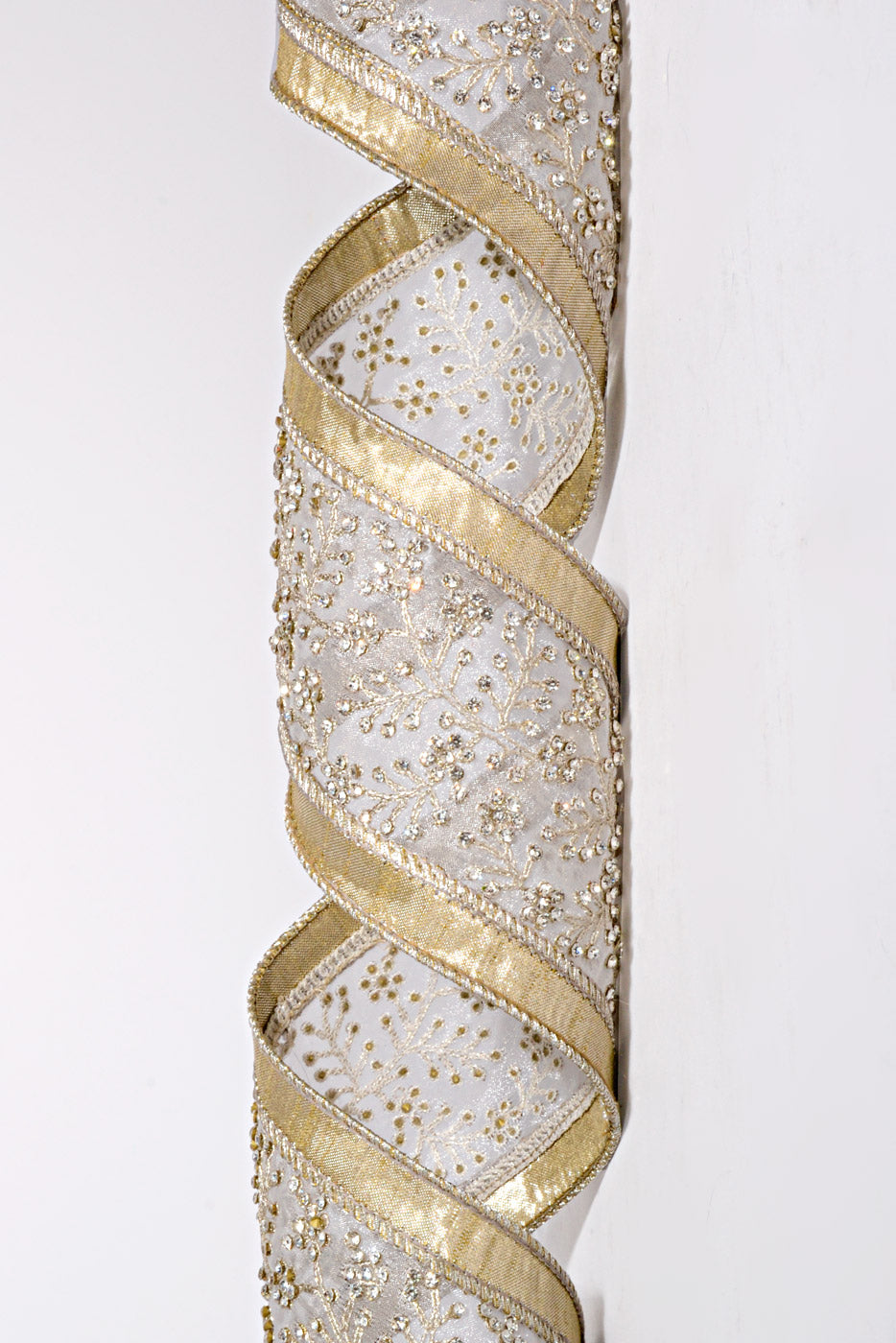 4" X 5Yds Metallic Dupion Clear Jeweled Floral Center Trim Ribbon Platinum