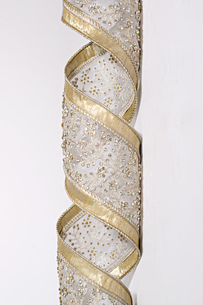 4" X 5Yds Metallic Dupion Clear Jeweled Floral Center Trim Ribbon Platinum