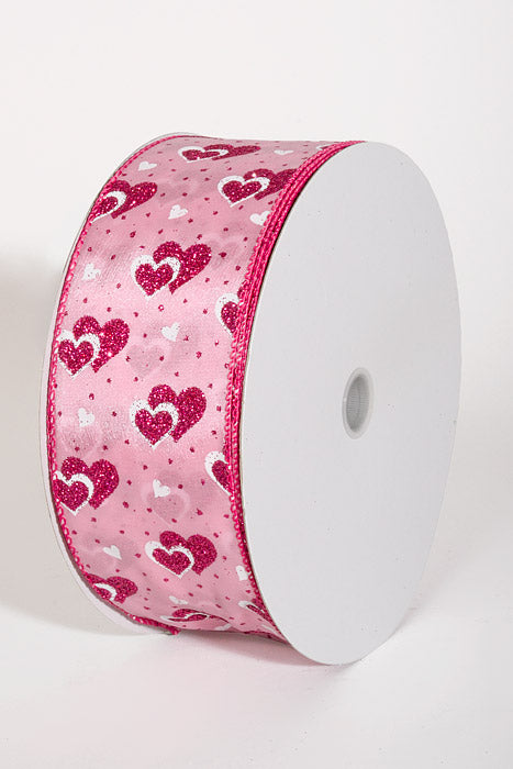 2.5" x 50Yds Wired Satin Dots And Hearts Ribbon Pink/White