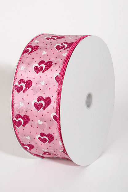 2.5" x 50Yds Wired Satin Dots And Hearts Ribbon Pink/White