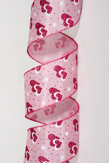 2.5" x 50Yds Wired Satin Dots And Hearts Ribbon Pink/White
