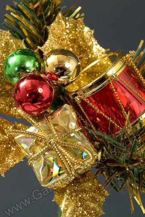 7" Glitter Holly Pine Pick W/drum Red/gold Pkg/12