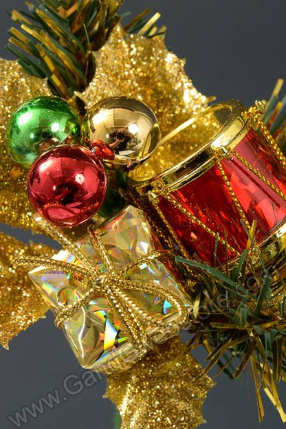 7" Glitter Holly Pine Pick W/drum Red/gold Pkg/12