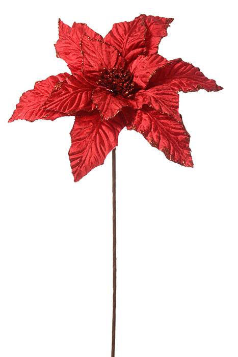 24" Glitter Edge Velvet Poinsettia Stem Red
