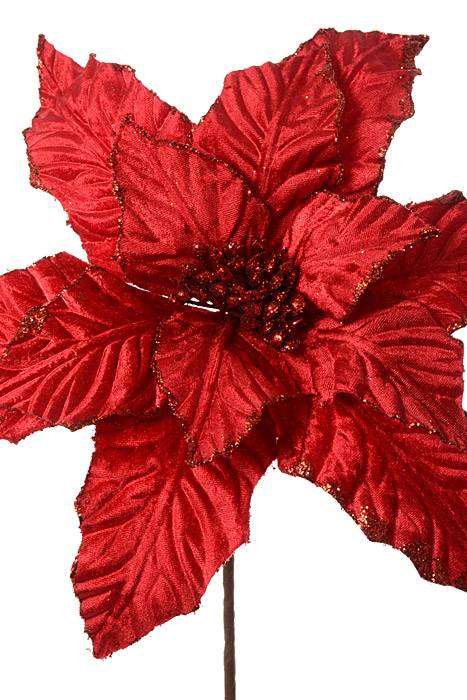 24" Glitter Edge Velvet Poinsettia Stem Red