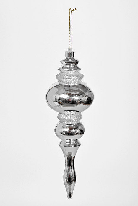 14" Finial W/Laser &amp; Glitter Ornament Shiny Silver