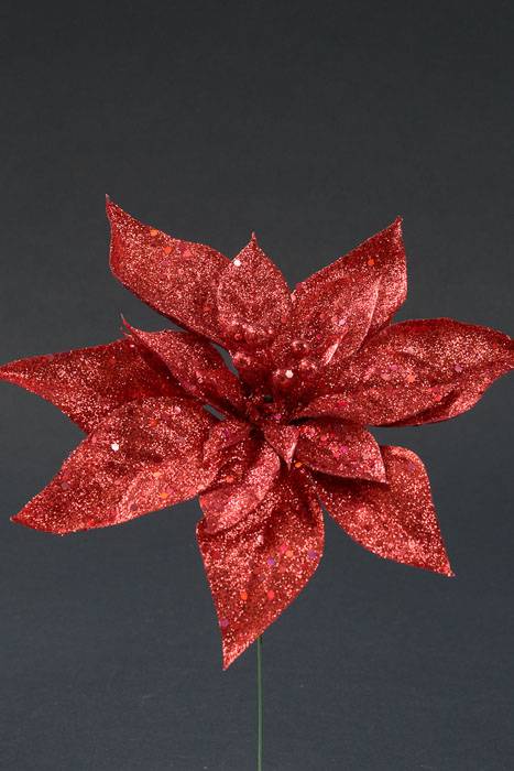 11&quot; Glitter Poinsettia Pick Red Pkg/12