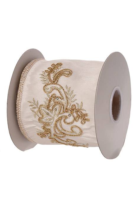 4" X 5 Yds Acanthus Sequin Embroidered Wired Ribbon Ivory/gold