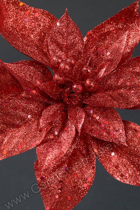 11&quot; Glitter Poinsettia Pick Red Pkg/12
