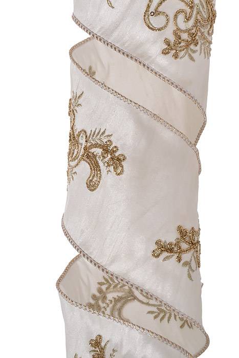 4" X 5 Yds Acanthus Sequin Embroidered Wired Ribbon Ivory/gold