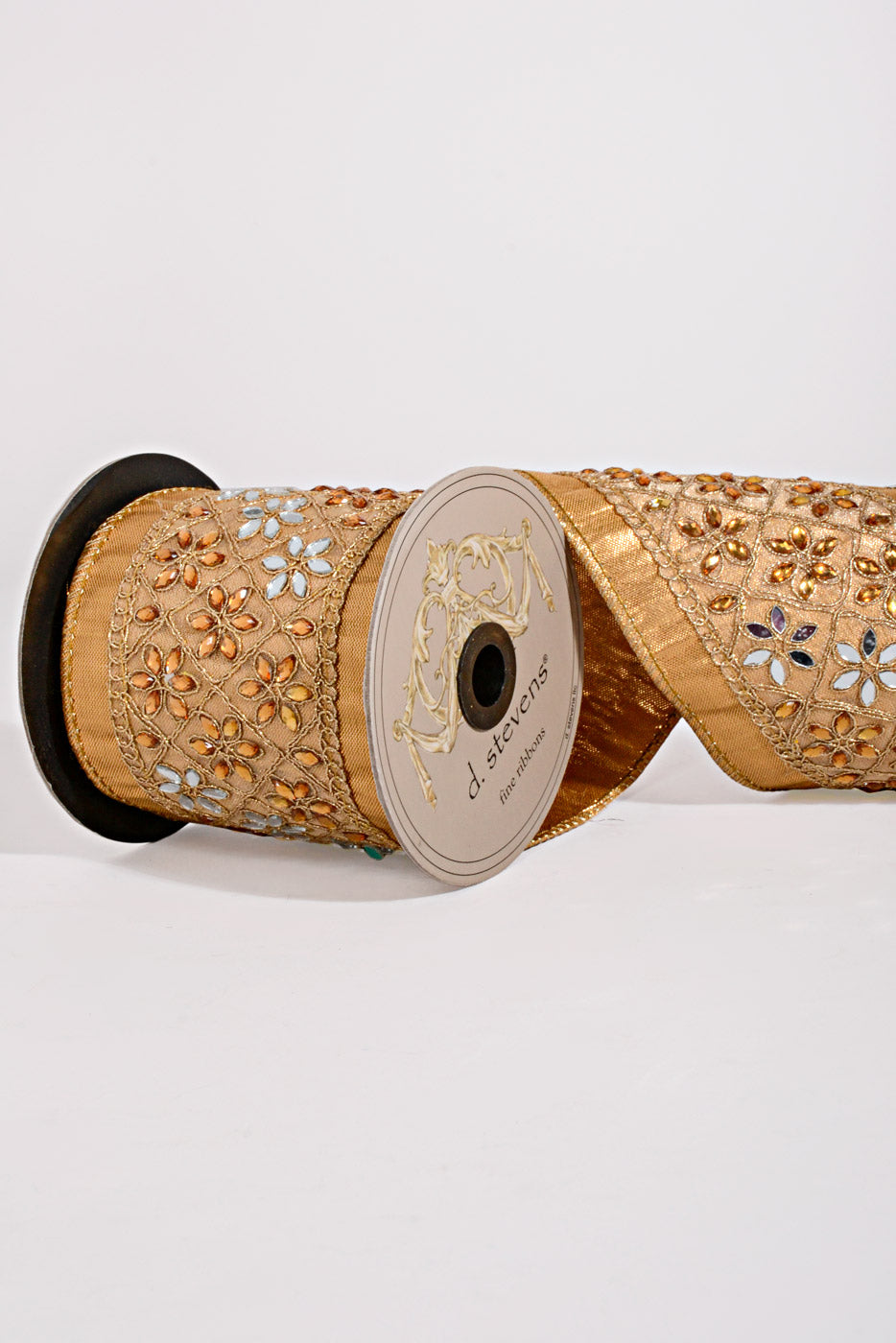 4" X 5Yds Metallic Dupion Jeweled Floral Trim Ribbon Bronze