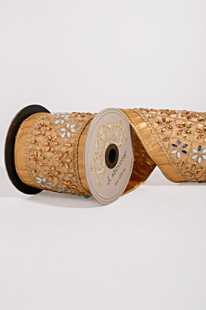 4" X 5Yds Metallic Dupion Jeweled Floral Trim Ribbon Bronze