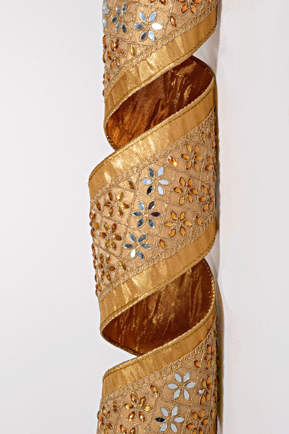 4" X 5Yds Metallic Dupion Jeweled Floral Trim Ribbon Bronze