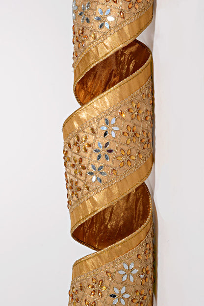 4" X 5Yds Metallic Dupion Jeweled Floral Trim Ribbon Bronze