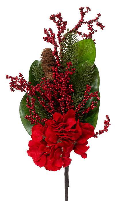 21" Hydrangea/mag Leaf/berry Spray Green/red