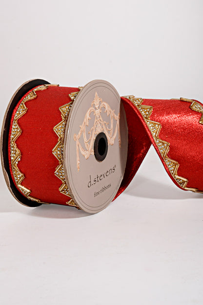 4" X 5Yds Metallic Dupion Gold Crystal Jewel Ribbon Red