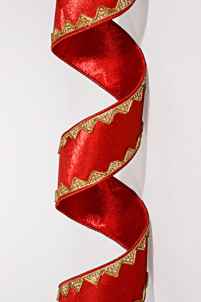 4" X 5Yds Metallic Dupion Gold Crystal Jewel Ribbon Red