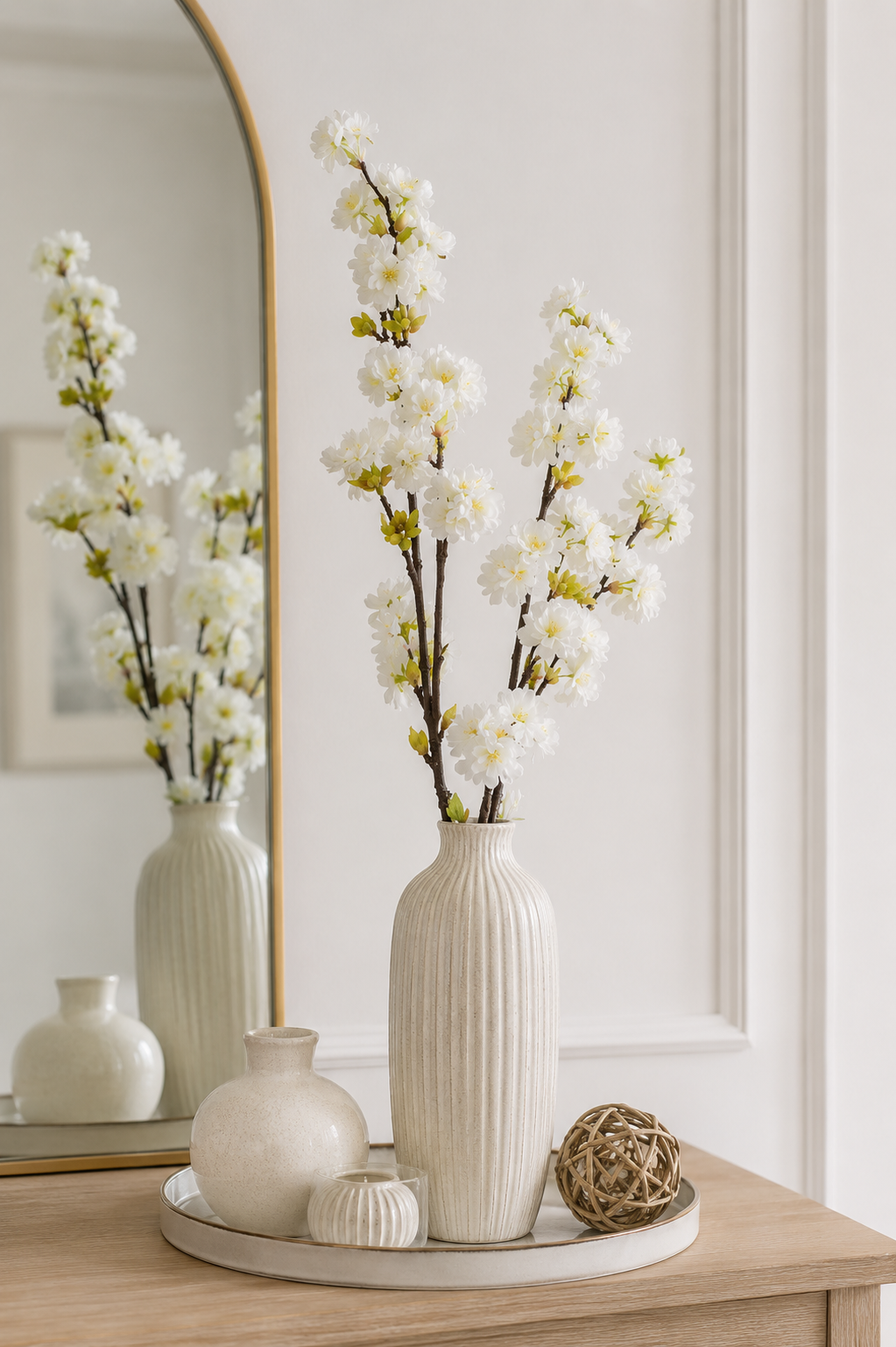 37" Silk Peach Blossom Spray Cream