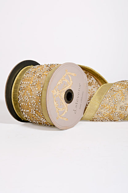 4" X 5Yds Metallic Dupion Crystal Branch Center Ribbon Gold/Silver