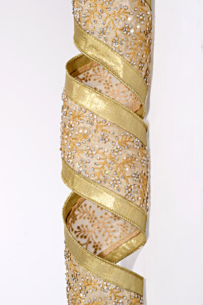 4" X 5Yds Metallic Dupion Crystal Branch Center Ribbon Gold/Silver