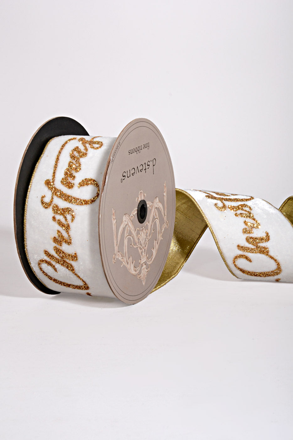 4" X 10Yds Velvet Glitter Merry Christmas Ribbon Gold/Winter White