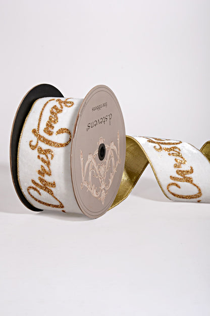 4" X 10Yds Velvet Glitter Merry Christmas Ribbon Gold/Winter White