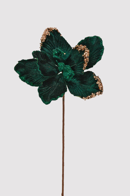 17" Velvet/Glitter Magnolia Stem Green
