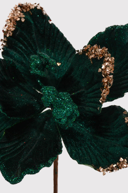 17" Velvet/Glitter Magnolia Stem Green