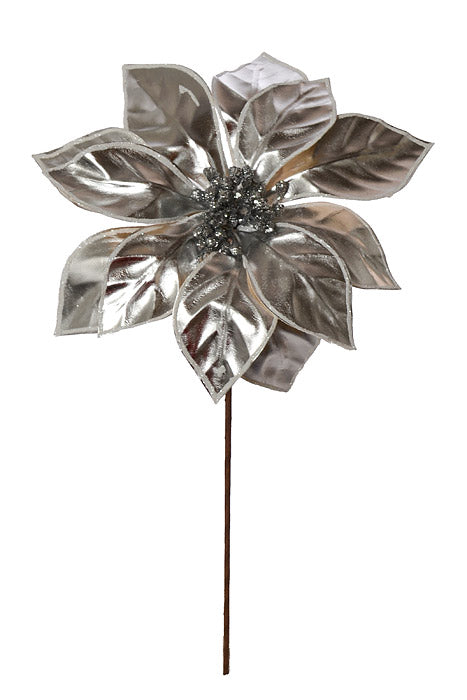 22" Metallic Glitzy Poinsettia Stem Shiny Silver