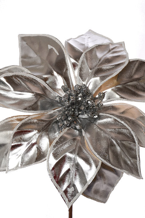 22" Metallic Glitzy Poinsettia Stem Shiny Silver