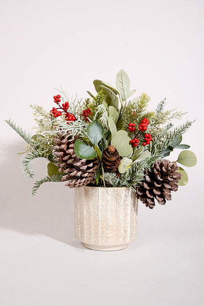 14" Berry/Pinecone Eucalyptus with Pot Silver/Red/Green