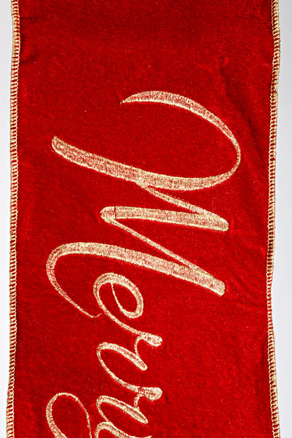 70" Velvet Embroidery Merry Christmas Ribbon Red/Gold