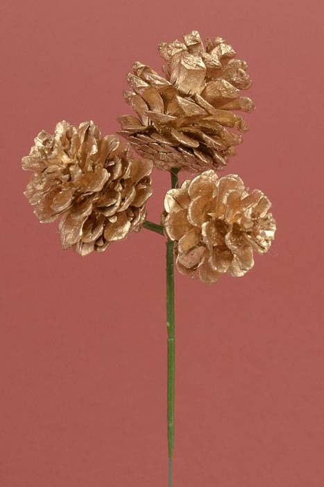 1.5" Natural 3 Pine Cone Pick Gold Pkg/12
