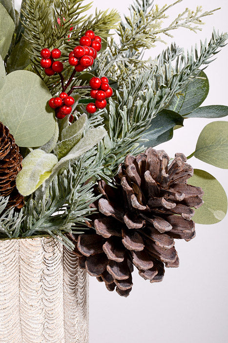 14" Berry/Pinecone Eucalyptus with Pot Silver/Red/Green