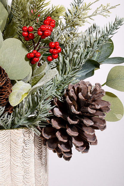 14" Berry/Pinecone Eucalyptus with Pot Silver/Red/Green