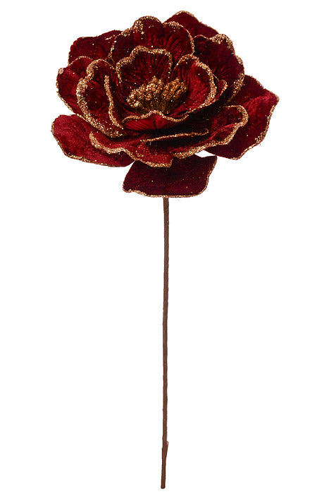22" Beaded Edge Velvet Peony Stem Burgundy/Gold