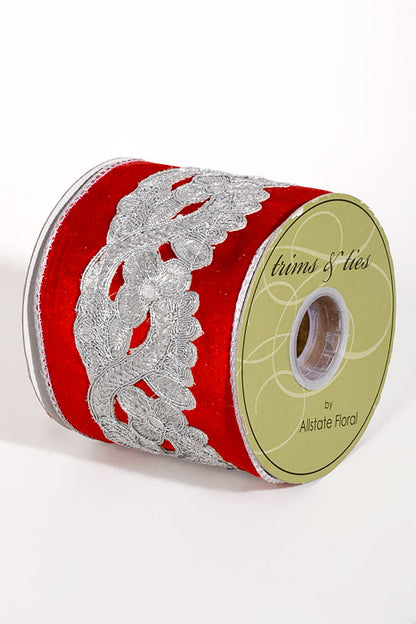 4" X 5Yds Wired Laser Cut Trim Velvet Ribbon Red/Silver