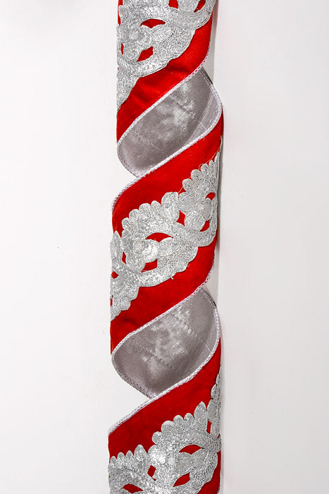 4" X 5Yds Wired Laser Cut Trim Velvet Ribbon Red/Silver