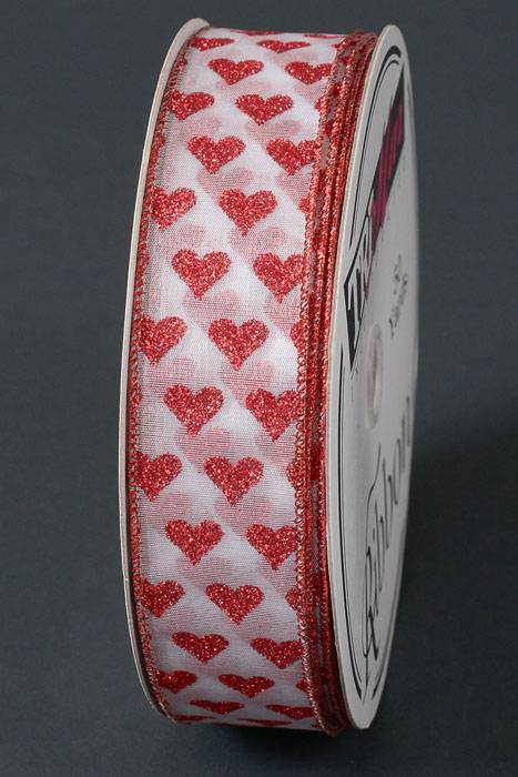 1.5" X 50yds Wired Sheer Glitter Heart Ribbon Red/white