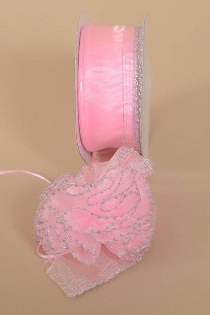 1.5" X 25yds Side Pull Bow W/silver Trim Pink