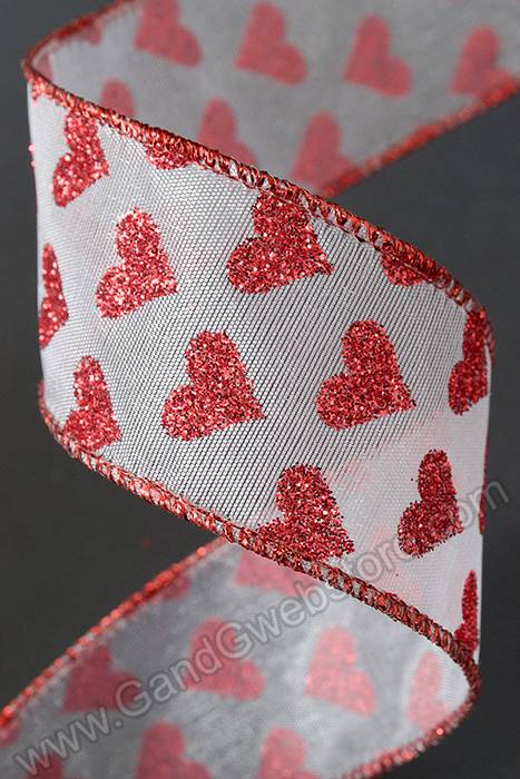 1.5" X 50yds Wired Sheer Glitter Heart Ribbon Red/white