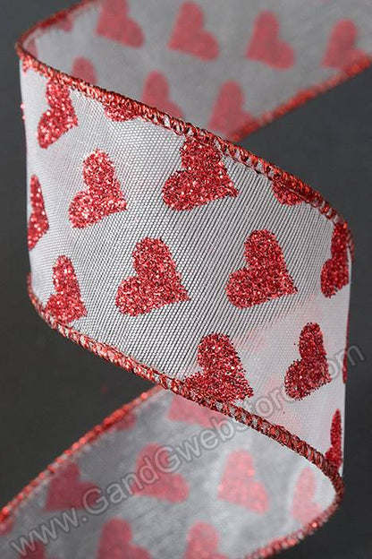 1.5" X 50yds Wired Sheer Glitter Heart Ribbon Red/white