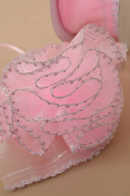 1.5" X 25yds Side Pull Bow W/silver Trim Pink