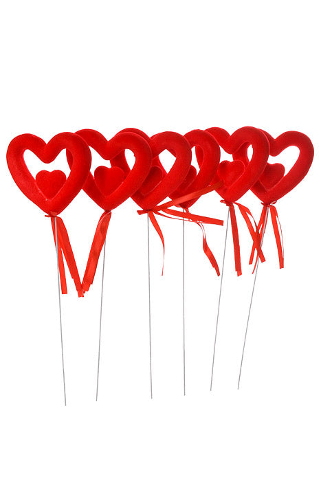 14" Velvet Double Heart Pick With Ribbon Red Pkg/6