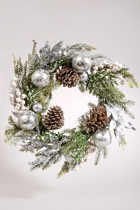 24" Ice Ball Berry Cone Wreath Champagne/Silver