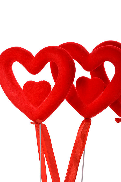 14" Velvet Double Heart Pick With Ribbon Red Pkg/6