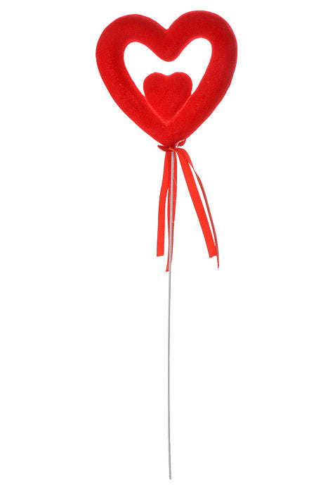 14" Velvet Double Heart Pick With Ribbon Red Pkg/6