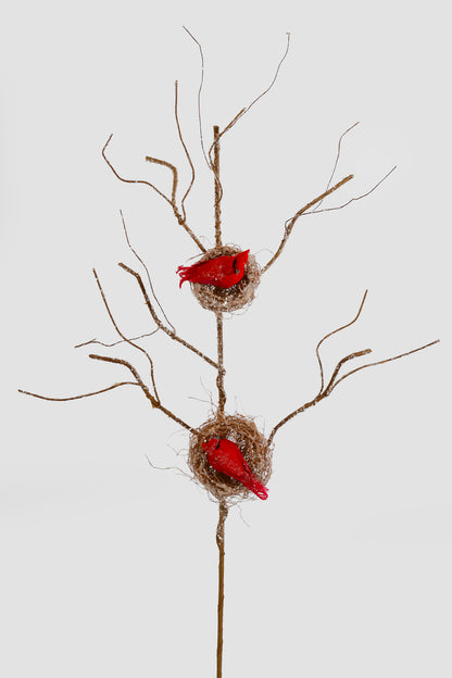 34" Glitter Cardinal Bird Nest Spray Natural/Red